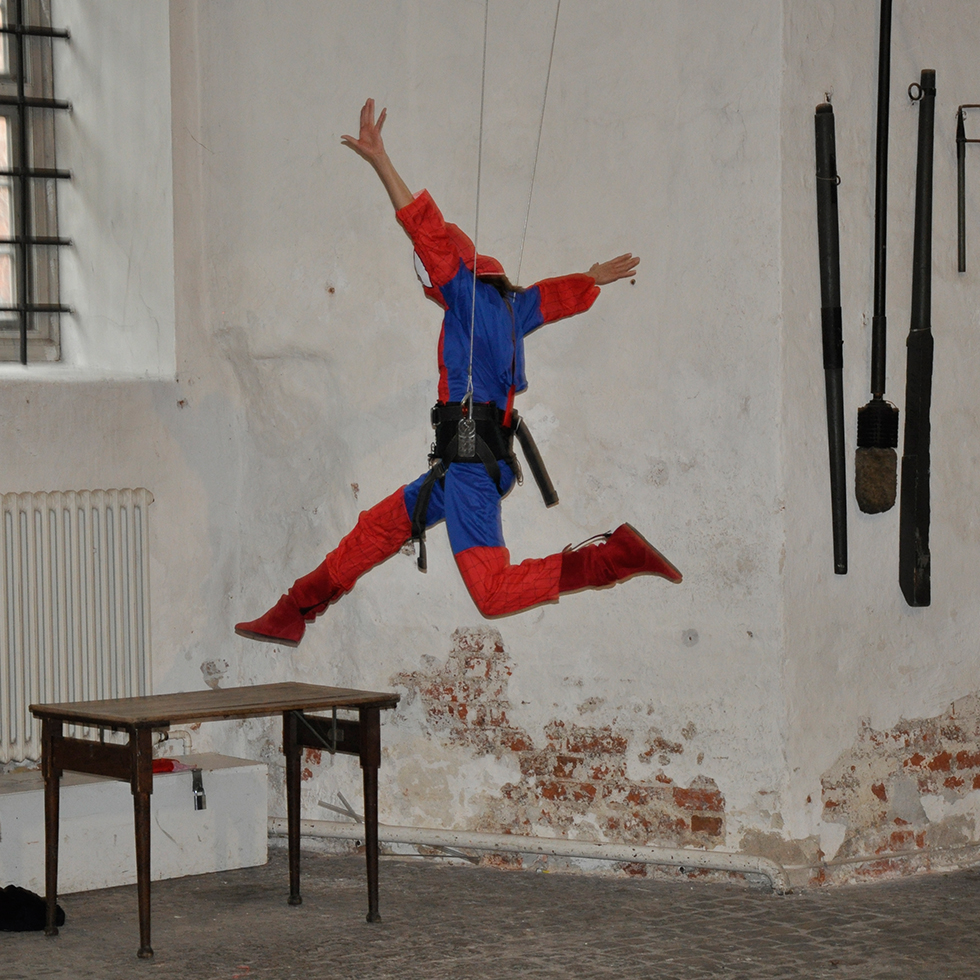 Action Art stunt Woman Jumping in wire